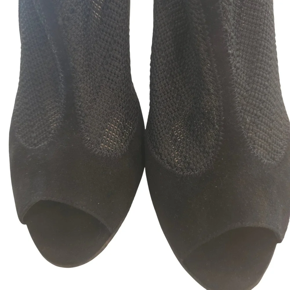 LK Bennett London Black Suede Mesh Peep Toe Heels 37.5 Made in Italy Runway Chic